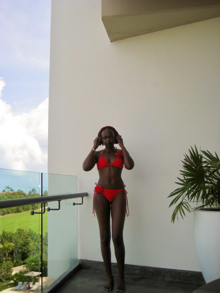 Author with red swimsuit