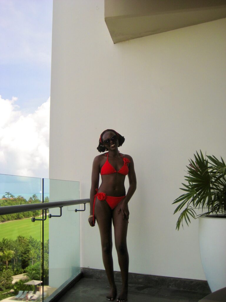 Author with red swimsuit