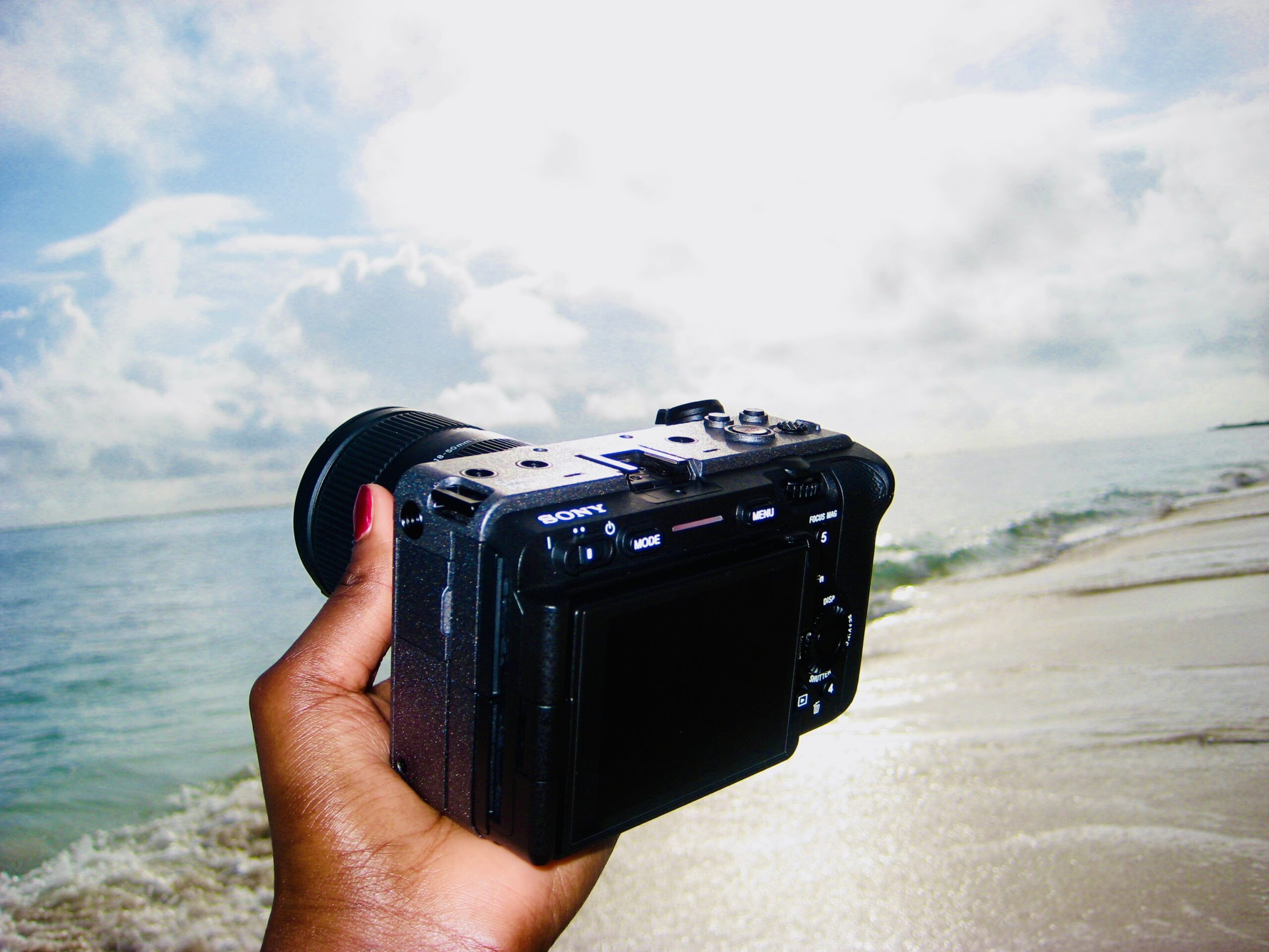 Cinema camera pointed at the sea