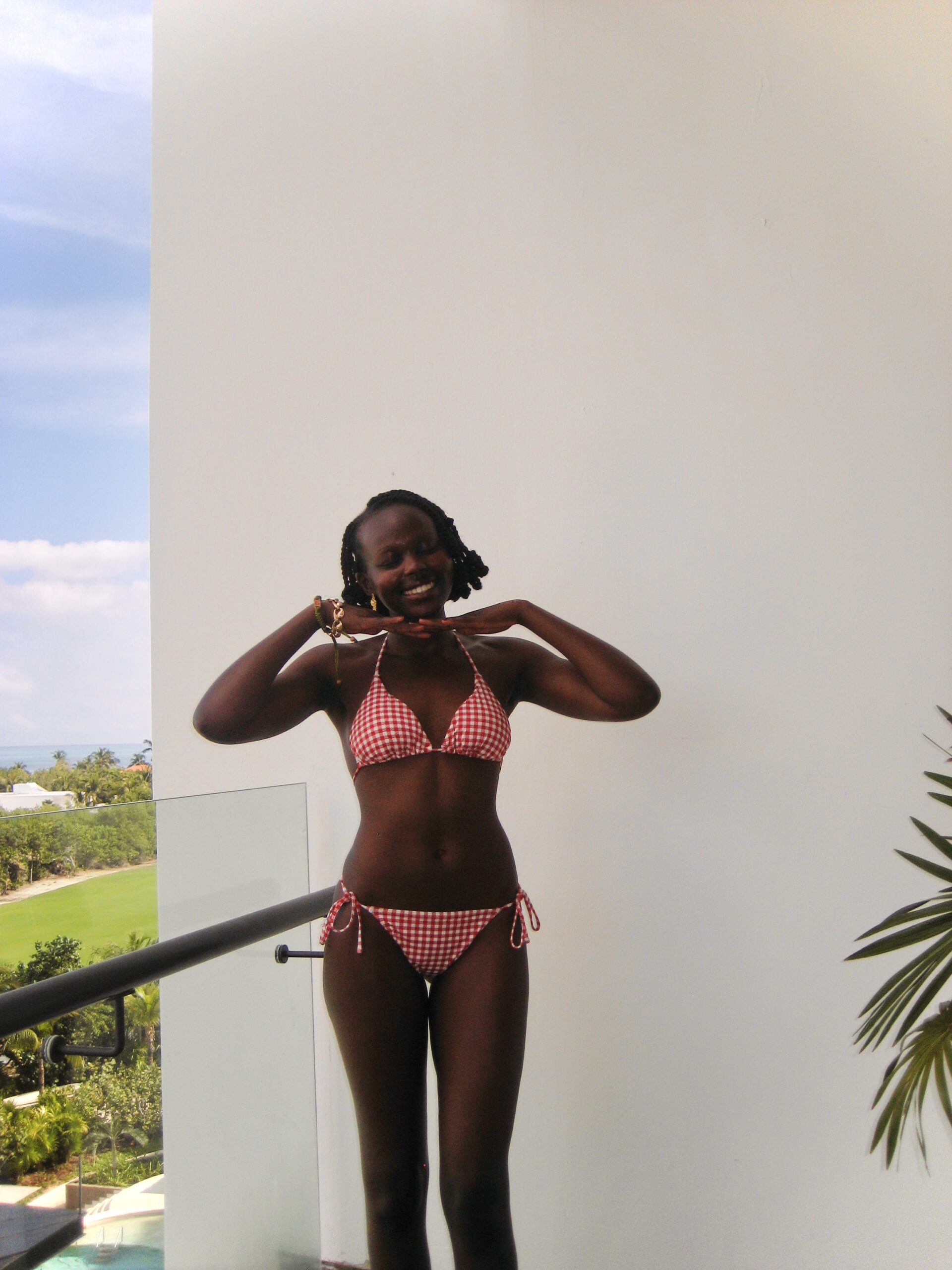 Author with red and white swimsuit