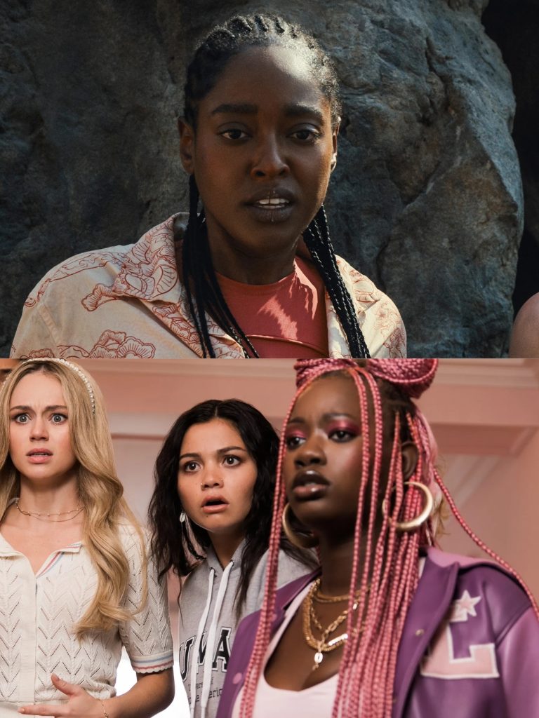 two frames from different movies in a collage, women with shocked expressions featured